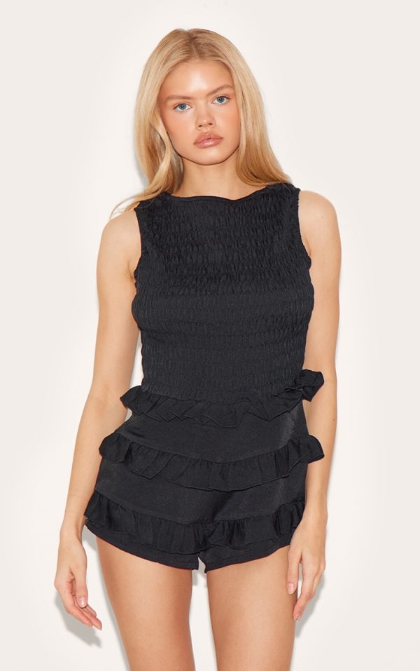 Black Woven Shirred Boat Neck Romper