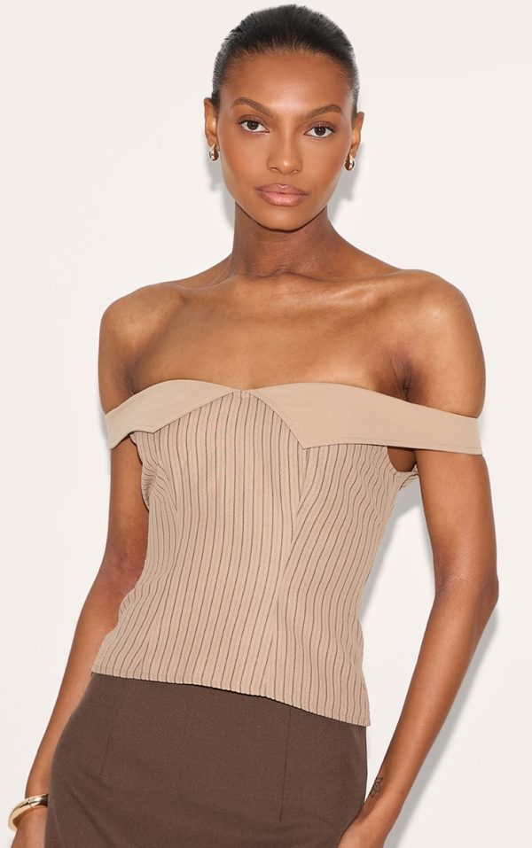 Brown Peach Skin Striped Bardot Long Top