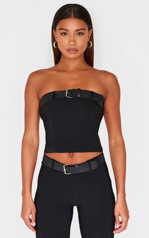 Black Woven Stretch Belted Bandeau Top