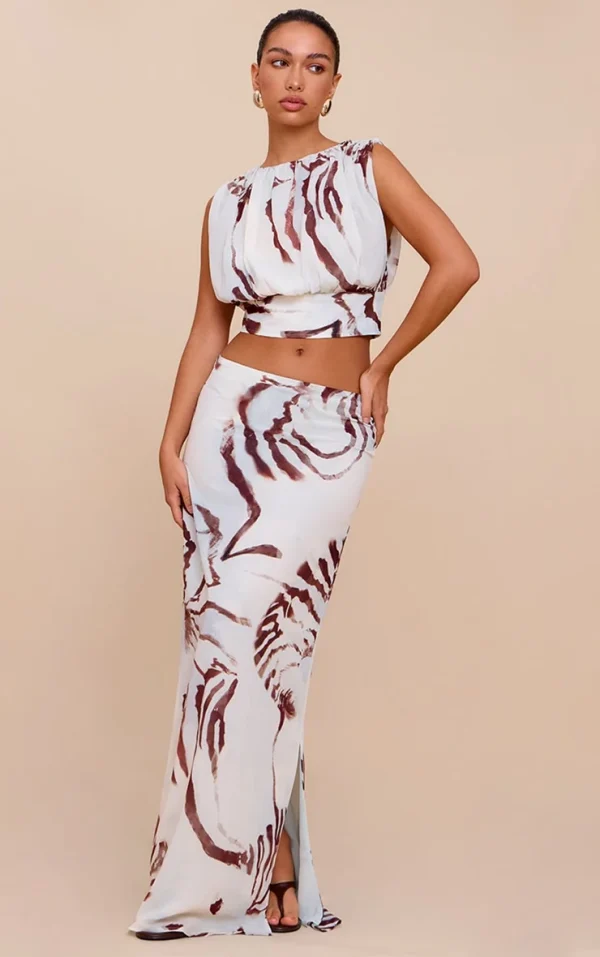 White Shell Print Chiffon Split Maxi Skirt