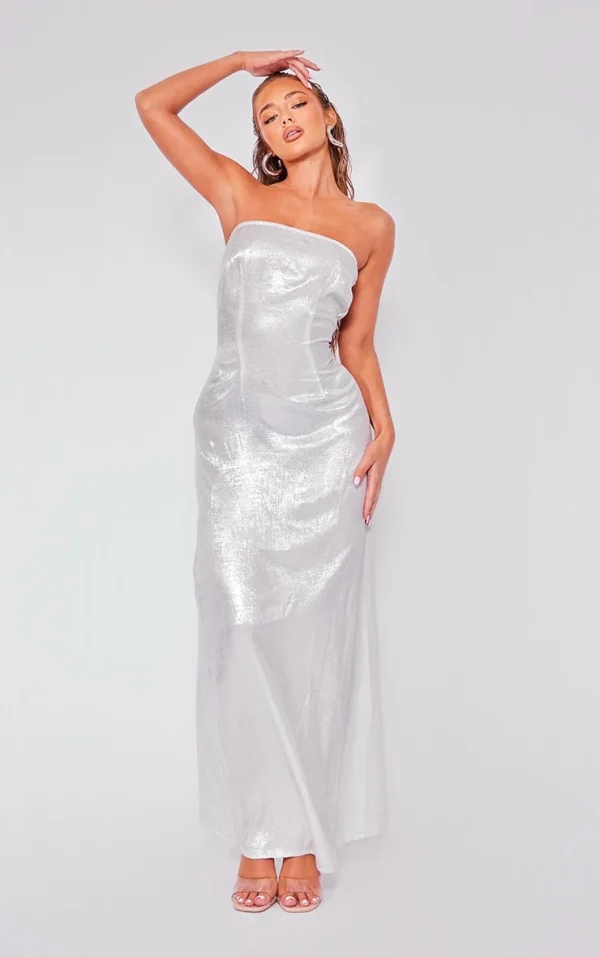 Silver Textured Bandeau Maxi Dress