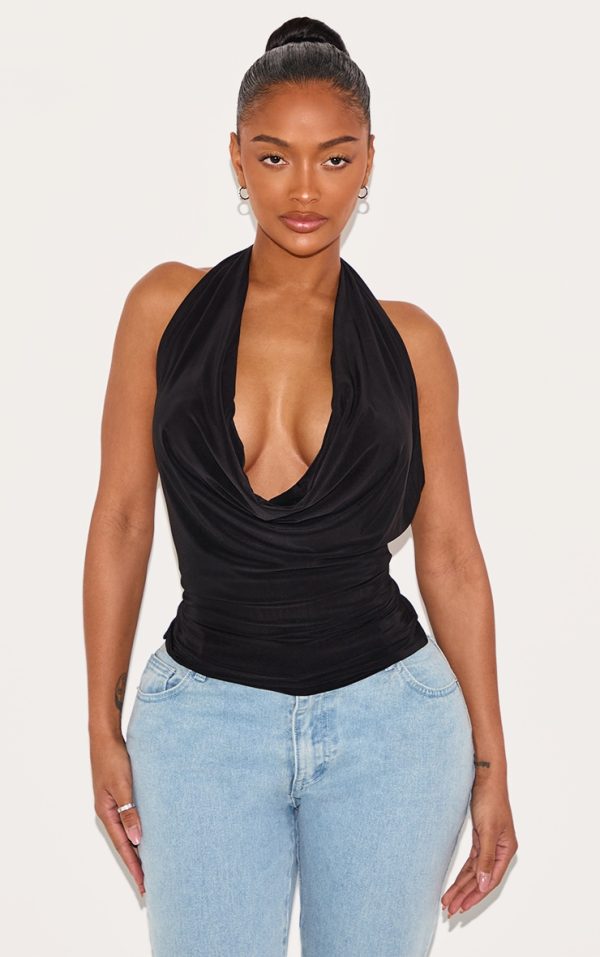 Shape Black Halter Cowl Neck Long Line Open Back Top