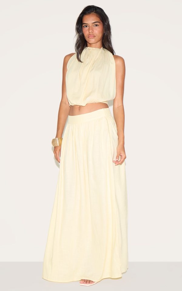 Butter Yellow Linen Look Pleated Maxi Skirt