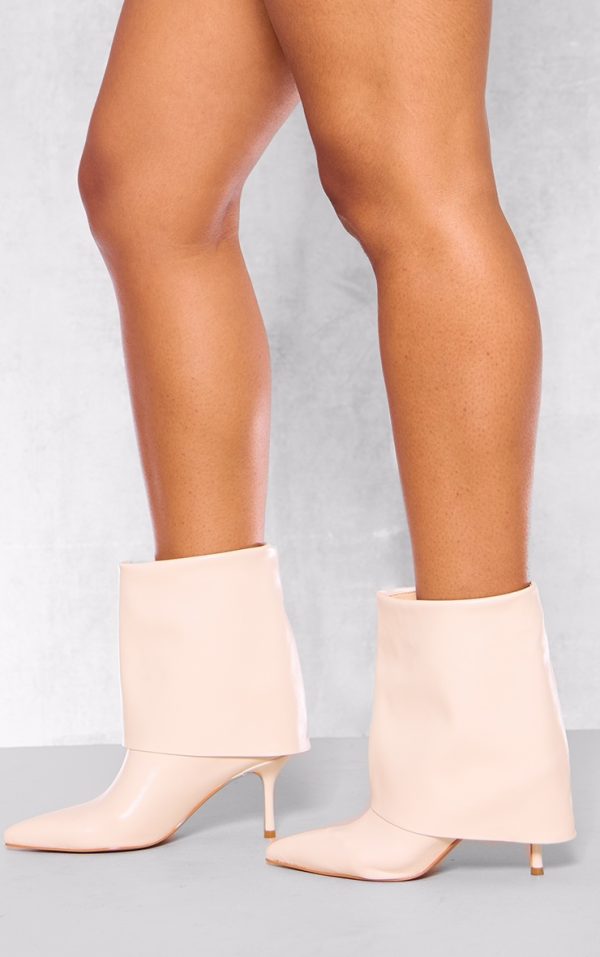 Cream PU Point Toe Fold Over Low Heeled Ankle Boots