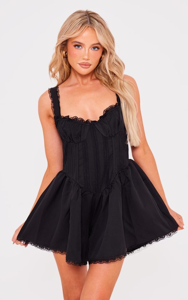 Black Woven Lace Detail Strappy Romper