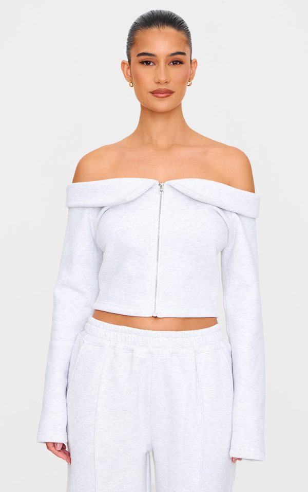 Ash Grey Off The Shoulder Zip Front Sweat Top