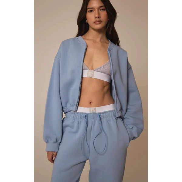 Baby Blue Drawcord Waist Cropped Zip Up Sweatshirt