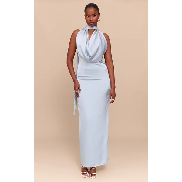 Baby Blue Satin Cowl Neck Drape Maxi Dress