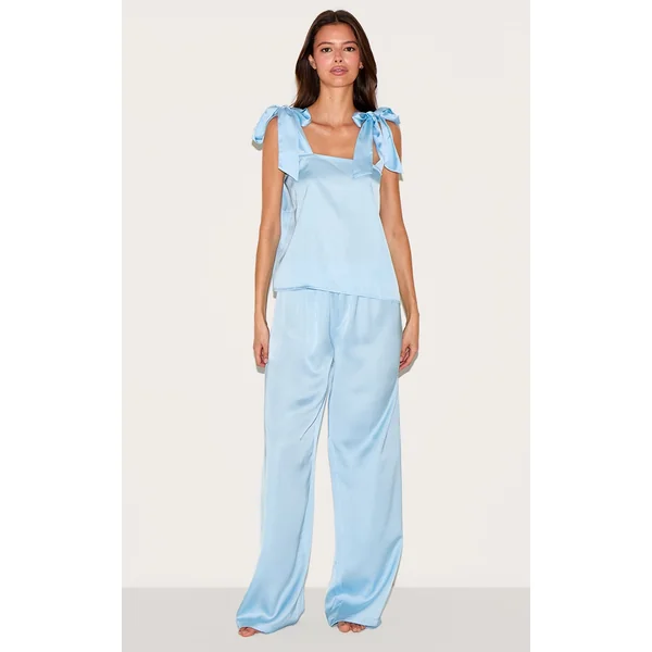Baby Blue Satin Ribbon Tie Cami Long Pj Set