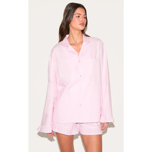 Baby Pink Cotton Poplin Frill Hem Short Pj Set