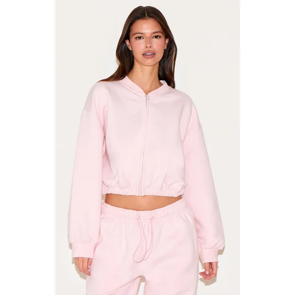 Baby Pink Drawcord Waist Cropped Zip Up Sweatshirt
