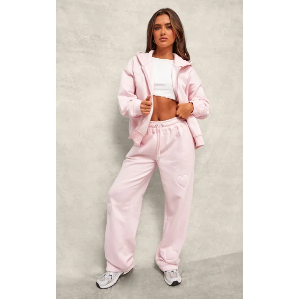 Baby Pink Embossed Heart Wide Leg Sweatpants