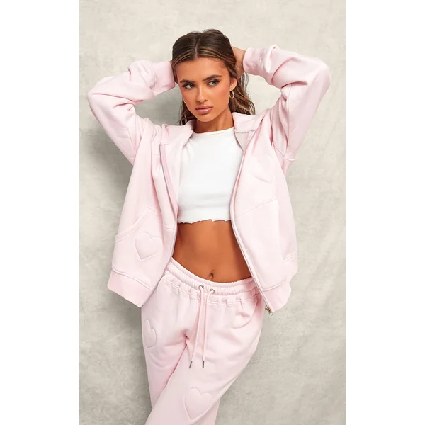 Baby Pink Embossed Heart Zip Up Hoodie