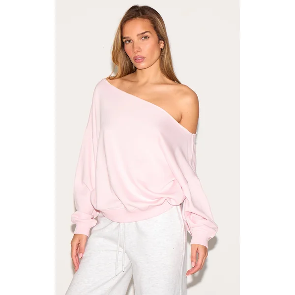 Baby Pink Oversized Off Shoulder Sweatshirt