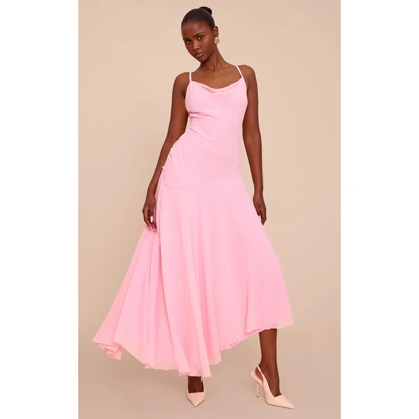 Baby Pink Strappy Cowl Neck Maxi Dress