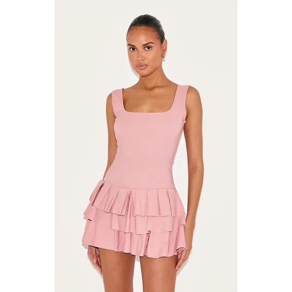 Baby Pink Stretch Woven Pleated Skort Romper