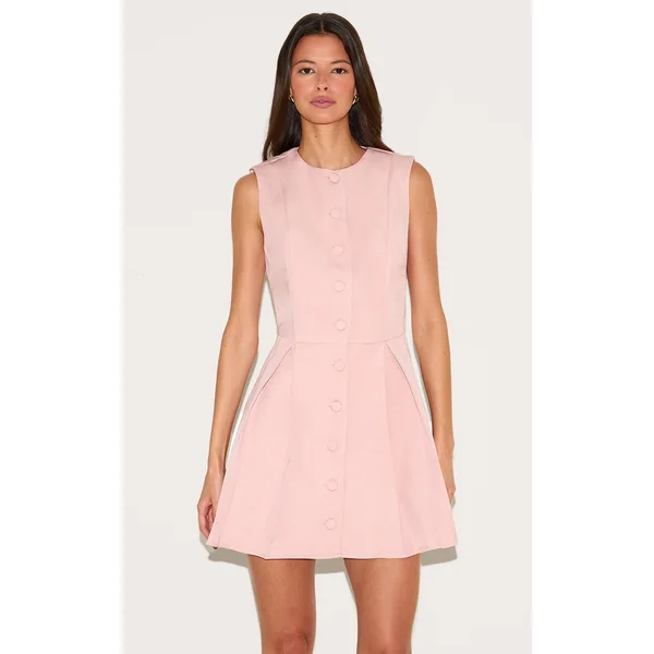 Baby Pink Tailored Woven Button Down Pleated Shift Dress