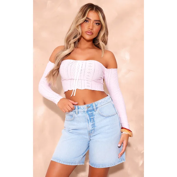 Baby Pink Textured Stretch Ribbon Trim Long Sleeve Bardot Crop Top