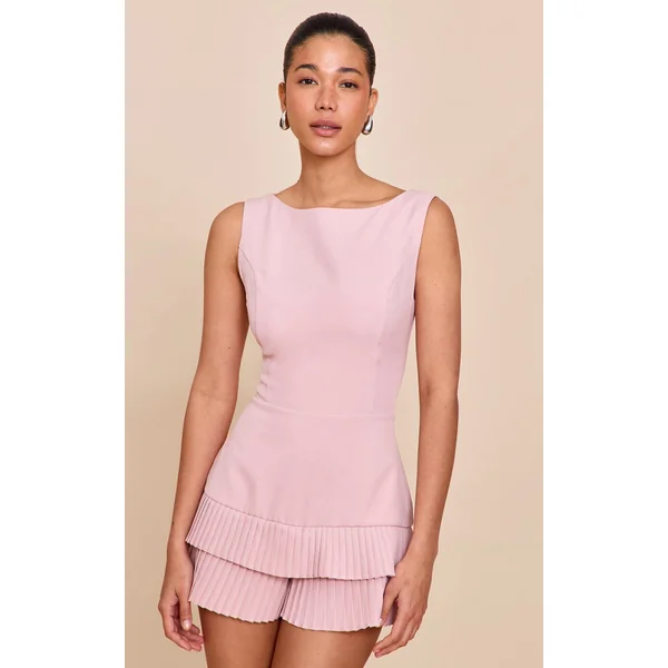 Baby Pink Woven Boat Neck Ruffle Detail Romper
