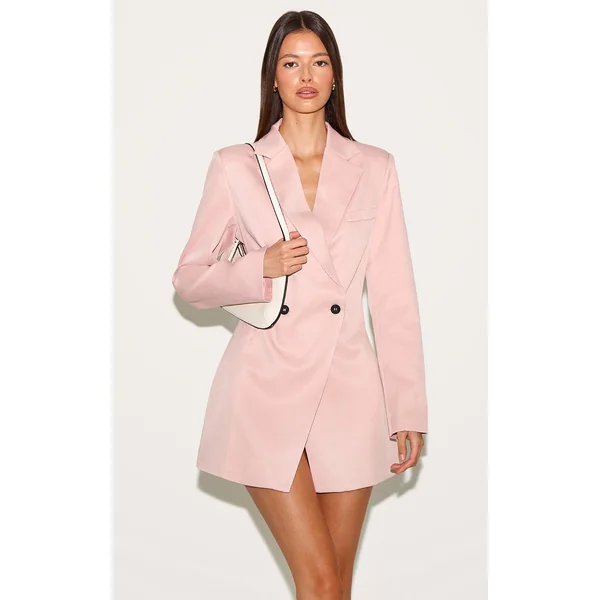 Baby Pink Woven Cinched Waist Blazer Dress