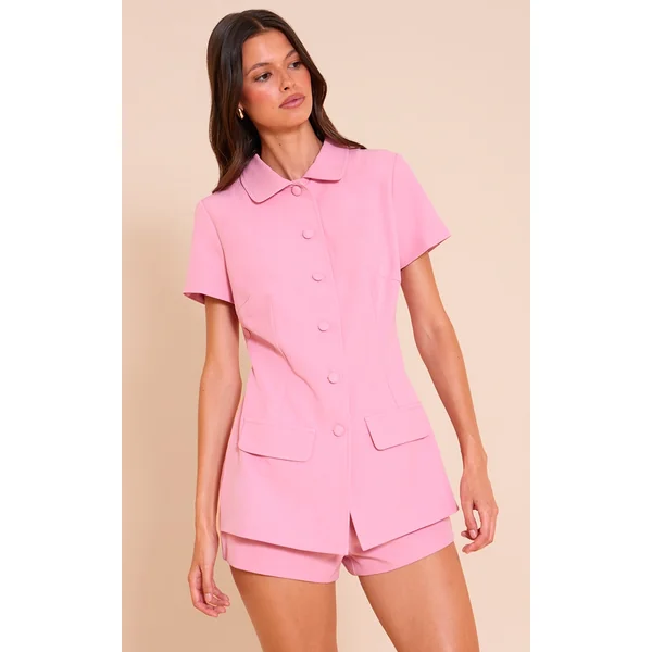 Baby Pink Woven Tailored Short Sleeve Romper