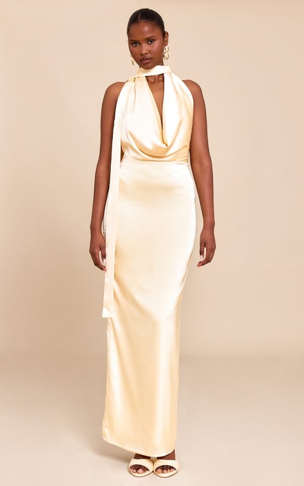 Butter Yellow Satin Cowl Neck Drape Maxi Dress