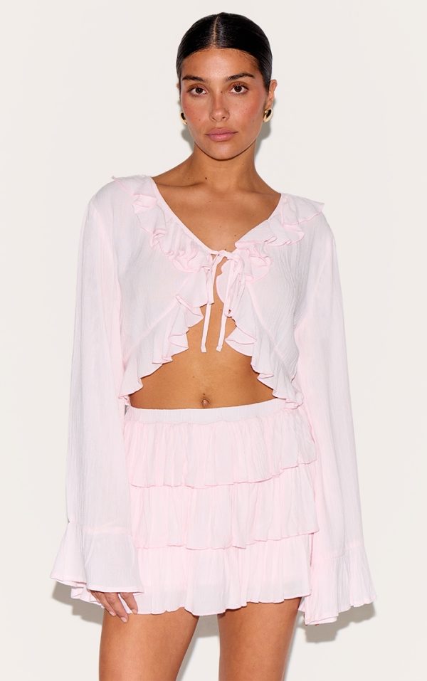 Petite Pink Cheesecloth Ruffle Tie Front Long Sleeve Top