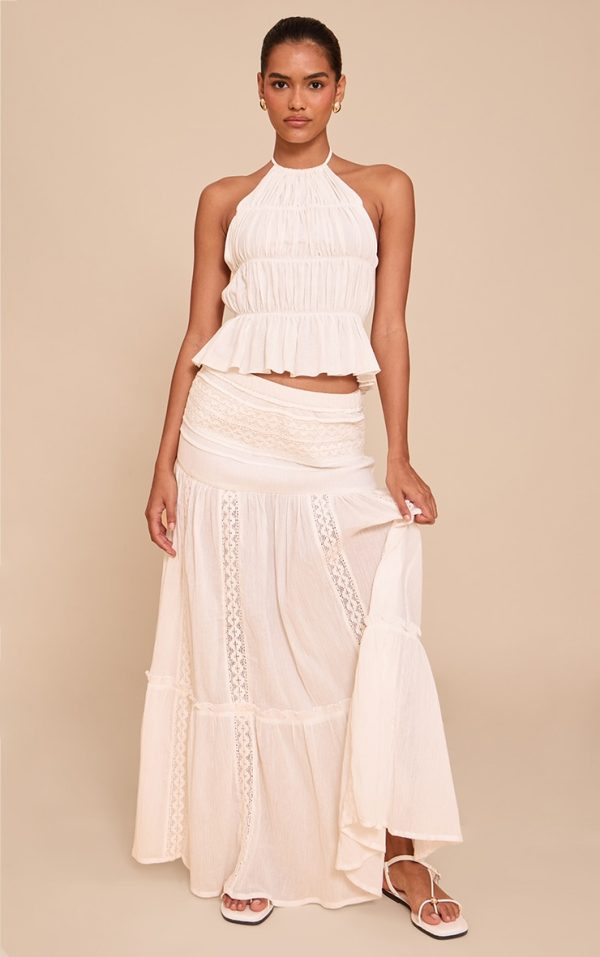 White Cheesecloth And Broiderie Paneled Maxi Skirt