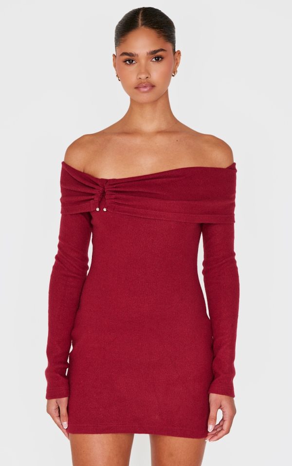 Burgundy Heavy Brushed Rib Bardot Trim Mini Dress