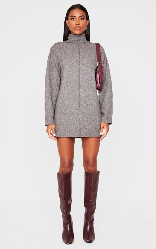 Charcoal Soft Knit Roll Neck Oversized Seam Detail Sweater Dress