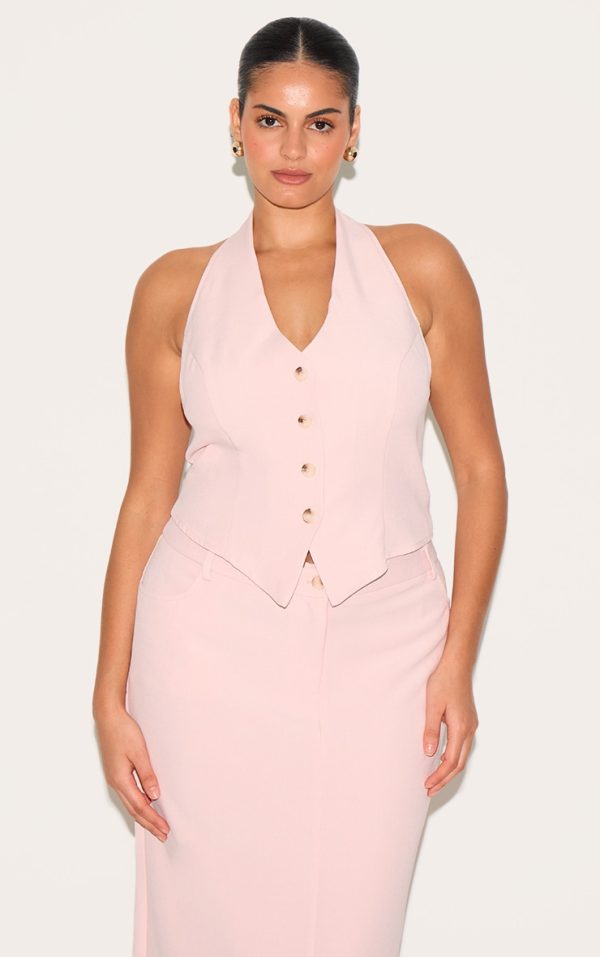 Plus Light Pink Tailored Woven Backless Halterneck Vest