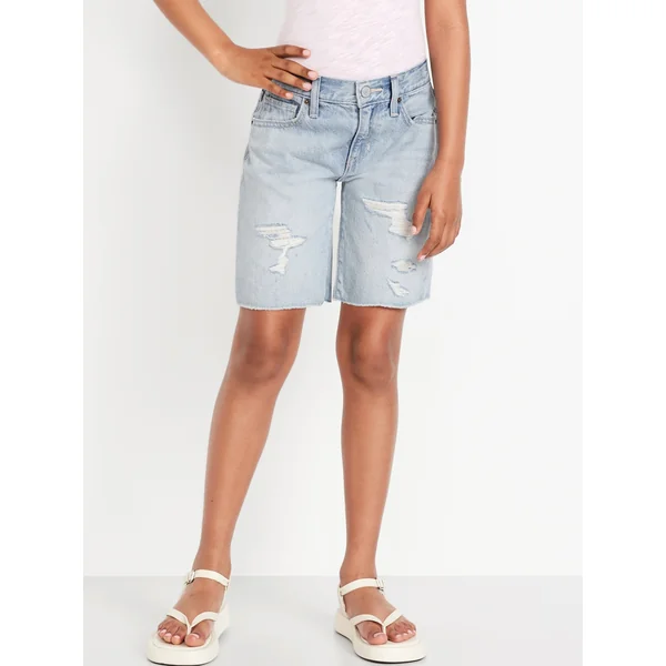 Baggy Frayed-Hem Bermuda Jean Shorts for Girls - Chillin