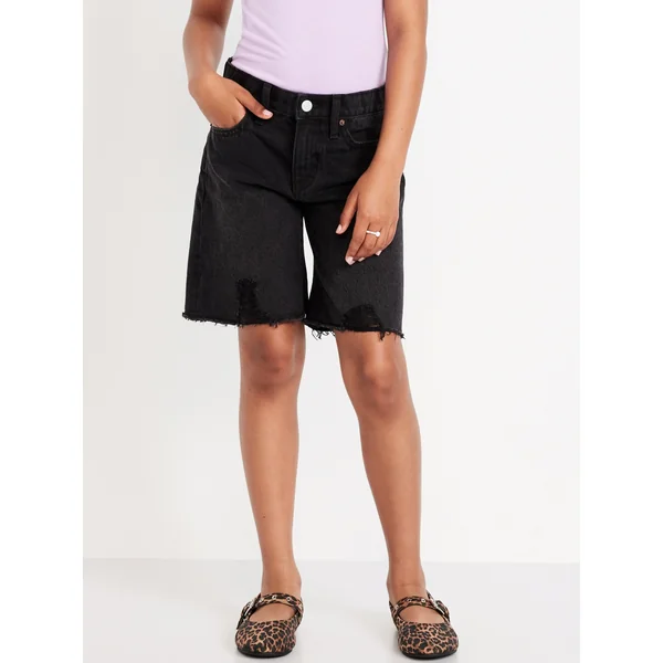 Baggy Frayed-Hem Bermuda Jean Shorts for Girls - Skater