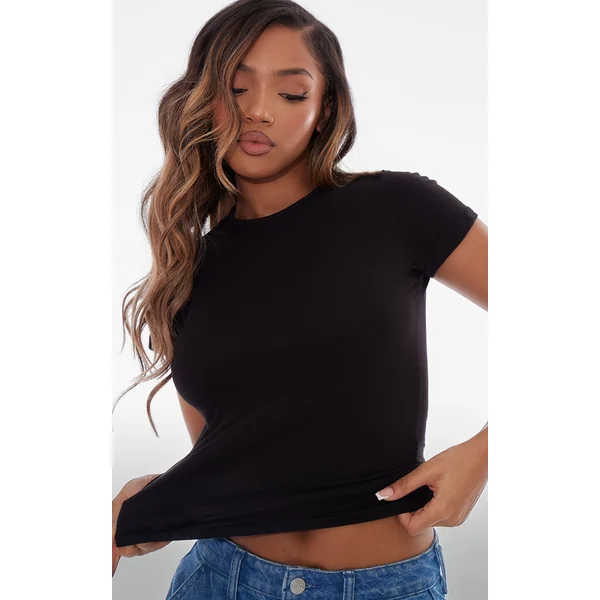 Basic Black Cotton Blend Fitted Crew Neck T Shirt