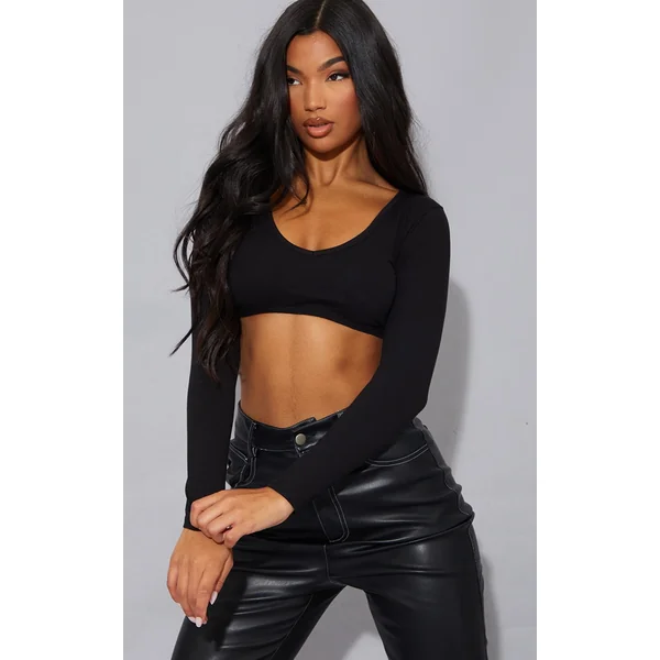 Basic Black Cotton Blend Long Sleeve Deep V Crop Top