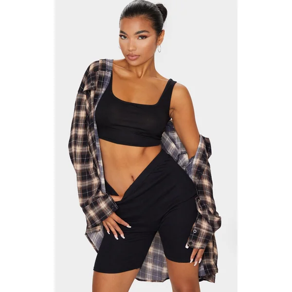 Basic Black Cotton Blend Scoop Neck Crop Top