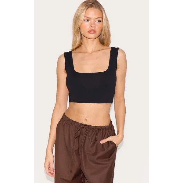 Basic Black Cotton Blend Square Neck Crop Tank