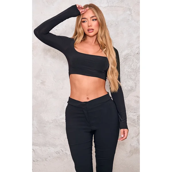 Basic Black Slinky Square Neck Crop Top
