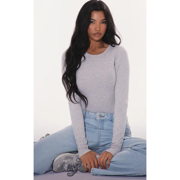 Basic Grey Marl Cotton Blend Crew Neck Bodysuit