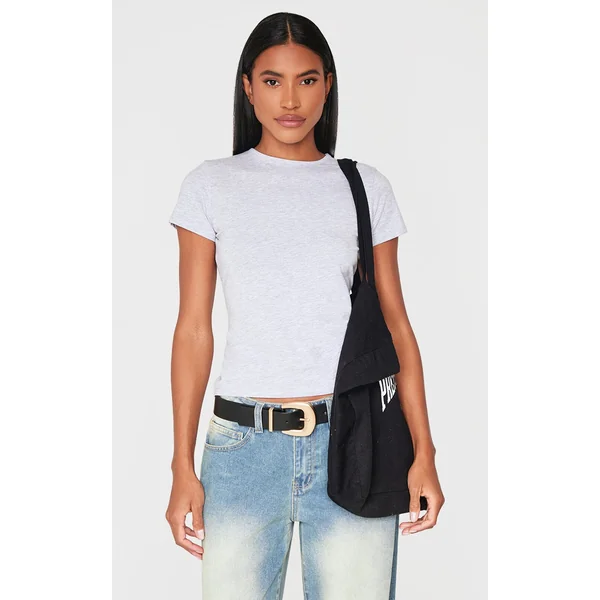 Basic Grey Marl Cotton Blend Fitted Crew Neck T Shirt