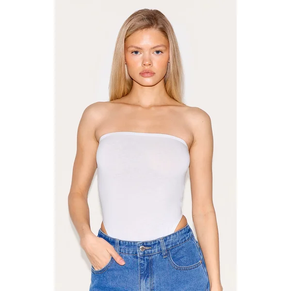 Basic White Cotton Blend Bandeau Bodysuit