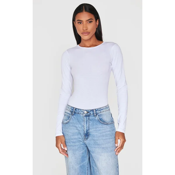 Basic White Cotton Blend Crew Neck Bodysuit