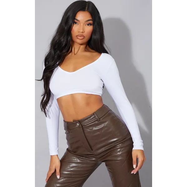 Basic White Cotton Blend Long Sleeve Deep V Crop Top