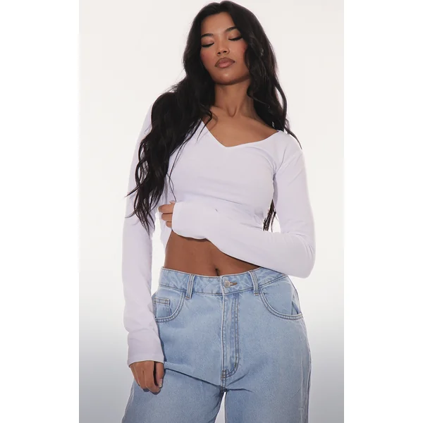 Basic White Cotton Blend Longline Long Sleeve Top
