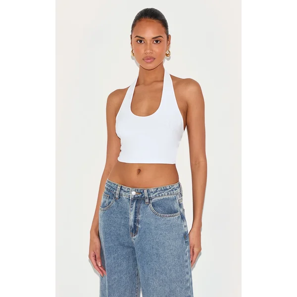 Basic White Slinky Scoop Neck Halter Top