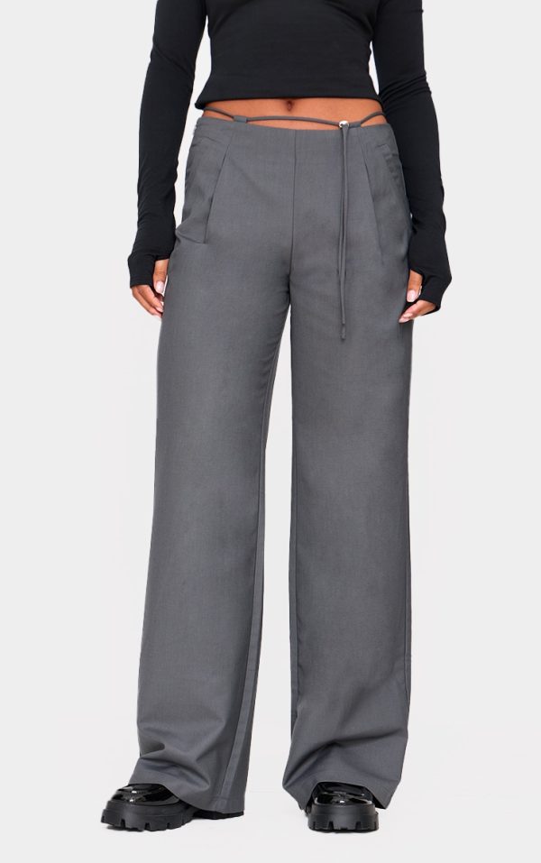 Charcoal Woven Low Rise Thin Belt Detail Straight Leg Pants