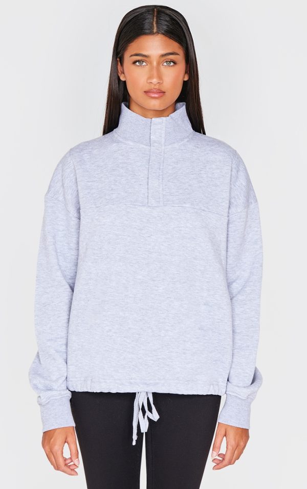 Grey Marl Drawstring Hem Quarter Zip Sweatshirt
