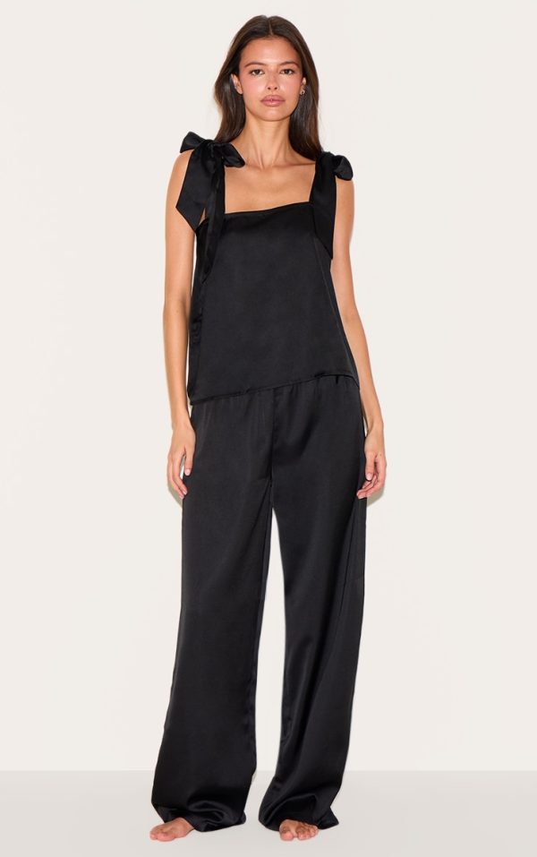 Black Satin Ribbon Tie Cami Long Pj Set