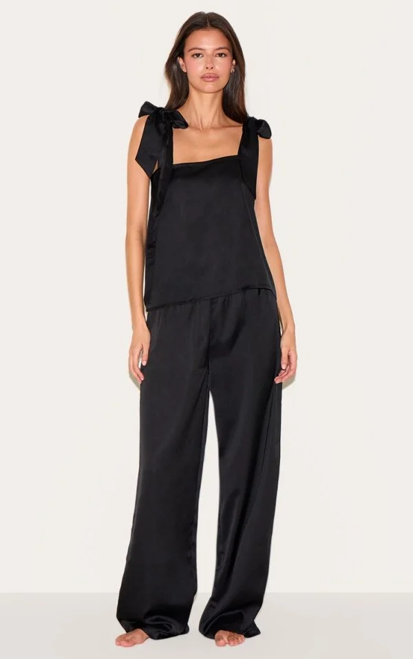 Black Satin Ribbon Tie Cami Long Pj Set