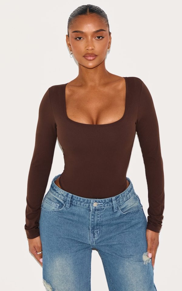 Shape Chocolate Built In Bra Sculpt Square Neck Long Sleeve Bodysuit